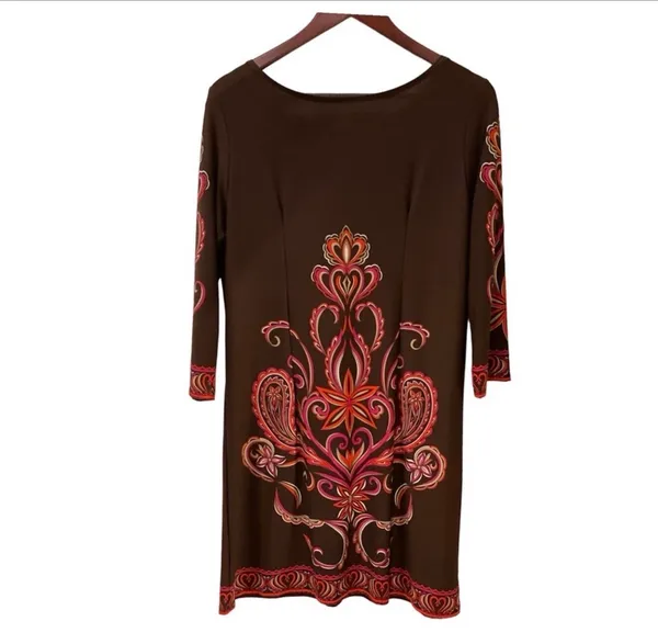 Anthropologie Boho Brown Red Printed Paisley Dress Lightweight L Fall - Image 4