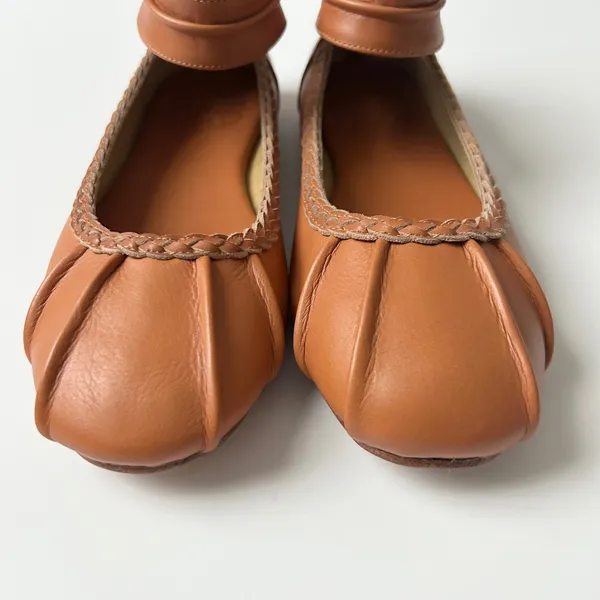 NEW ELF Muse Ankle Strap Leather Ballet Flats Dark Tan Braided Trim Zip Back 8.5 - Image 3