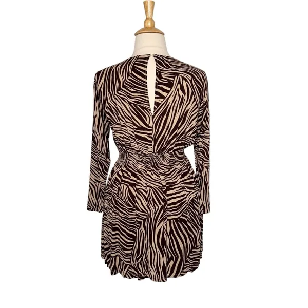 H&M Women's Zebra Print Long Sleeve Cinched Waist Mini Dress Size 14 - Image 2