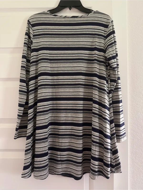 love, Fire Striped Long-Sleeve Swing Dress - Navy and Gray - Image 2