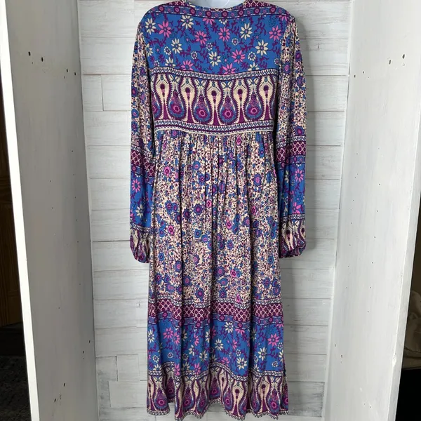 Womens Long Sleeve Floral Print Retro V Neck Tassel Midi Dress Size Medium 8/10 - Image 4