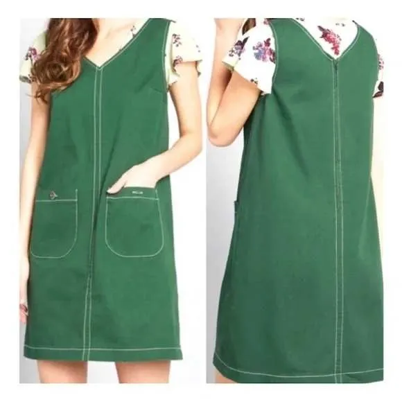 ModCloth Jumper Dress Women Size M Green Sleeveless‎ V-Neck Shift Mini Pockets - Image 2