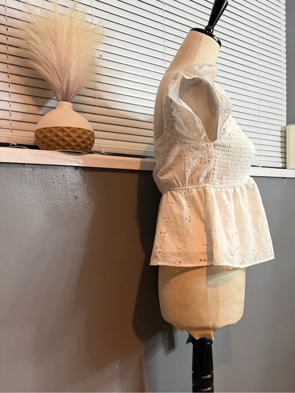 White Eyelet Smocked Peplum Blouse with Flutter Sleeves - Image 4