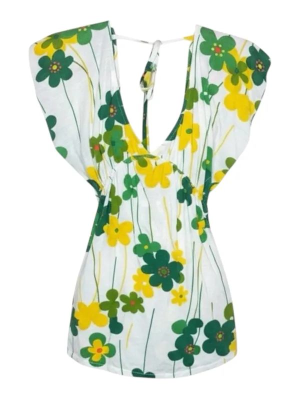 Y2K: Yag Couture ✿ Trendy Spring Floral Print Babydoll Tunic Top ✿ White ✿ Large - Image 2