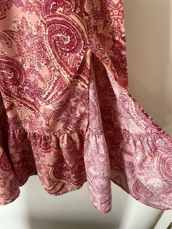 Boho Paisley Midi Dress Large Puff Sleeve Flowy Romantic Tassel Festival - Image 4