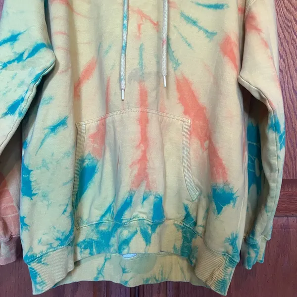 Vibrant Tie-Dye Hoodie - Yellow-Gold Orange, Green front pouch Size XL - Image 5