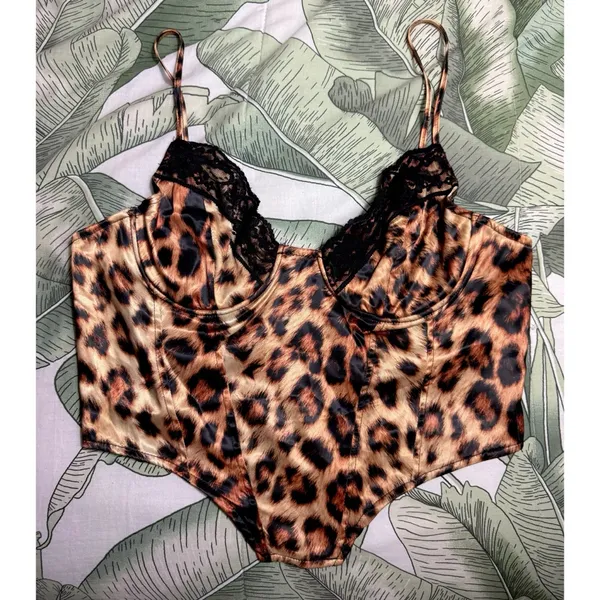 AKIRA Leopard Print Satin Lace Corset Cami Top Plunge Neck Size XL - Image 3