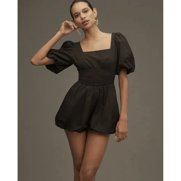 Anthropologie Maeve Puff Sleeve Smocked Romper XS Black Square-Neck Bubble Hem - Image 3