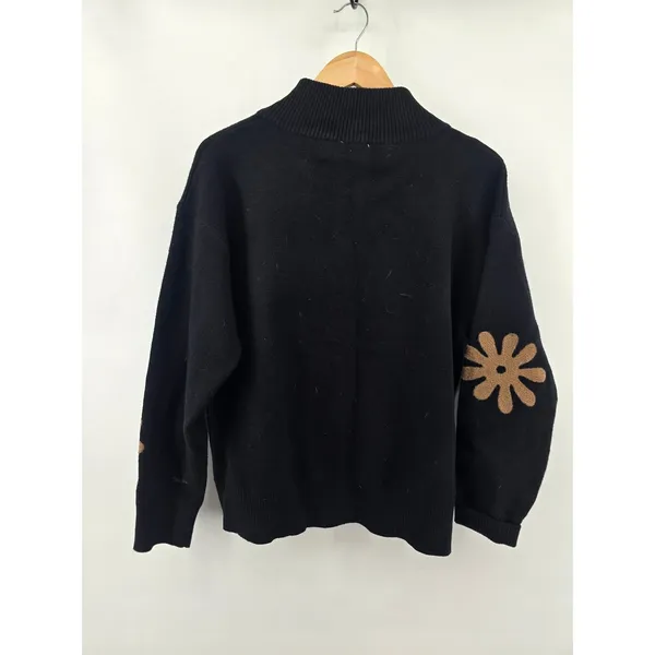Sioni Cardigan Sweater Womens Large Daisy Floral Full Zip Mock Neck Black EUC - Image 4