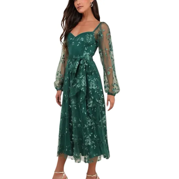 NWT Lulus Darling Charisma Emerald Mesh Embroidered Midi Dress Size Medium - Image 2