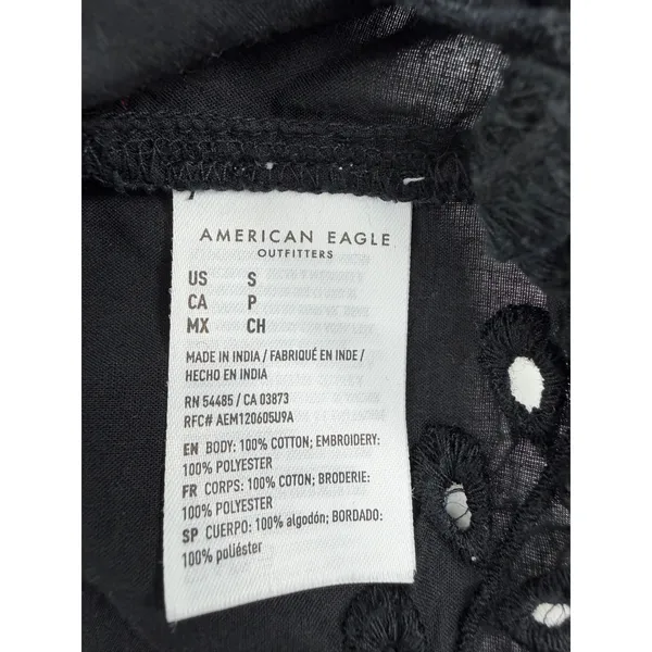 American Eagle Black Eyelet Embroidered Tie Back Crop Top Small Square Neck Puff - Image 8