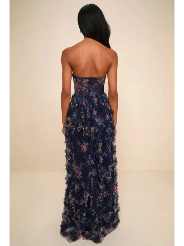 NWT Lulus Stunning Element Navy Floral Mesh Ruffled Strapless Maxi Dress - Small - Image 8