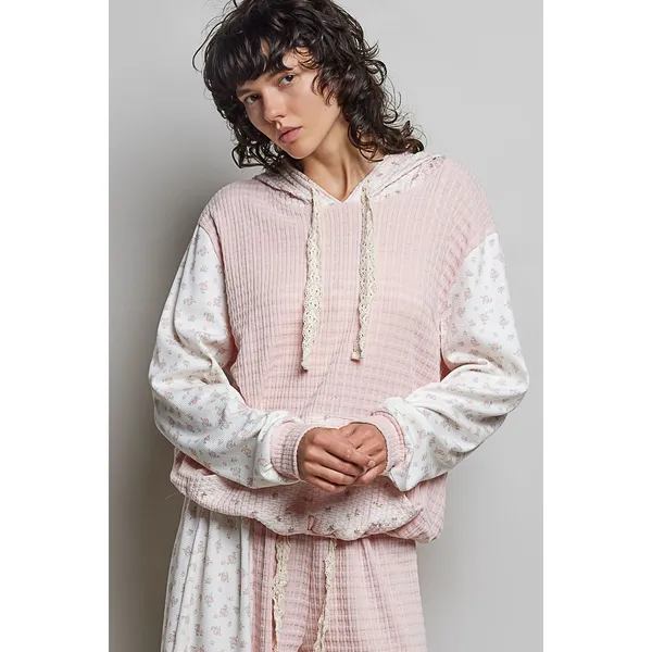 POL Mixed Knit Contrast Print Sleeve Hoodie with Kangaroo Pocket - Pink - Small - Image 4