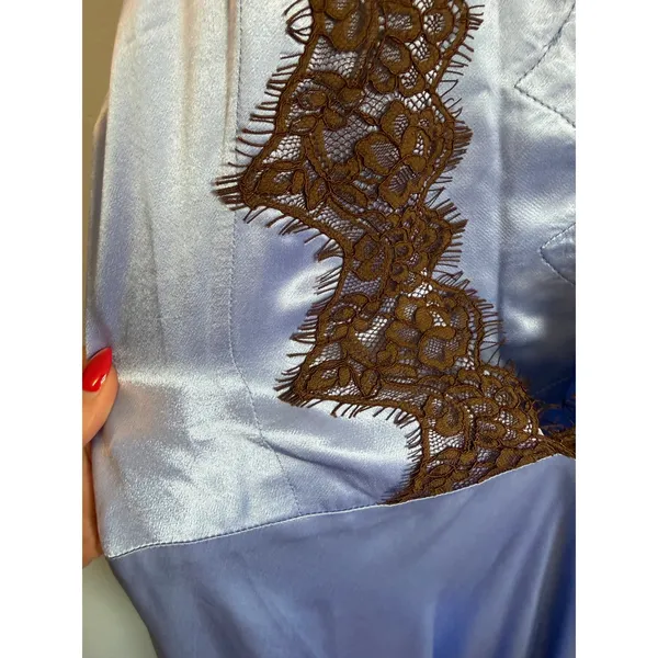 Anthropologie Lace V-Neck Slip Midi Dress Blue and Brown sz Large - Image 7