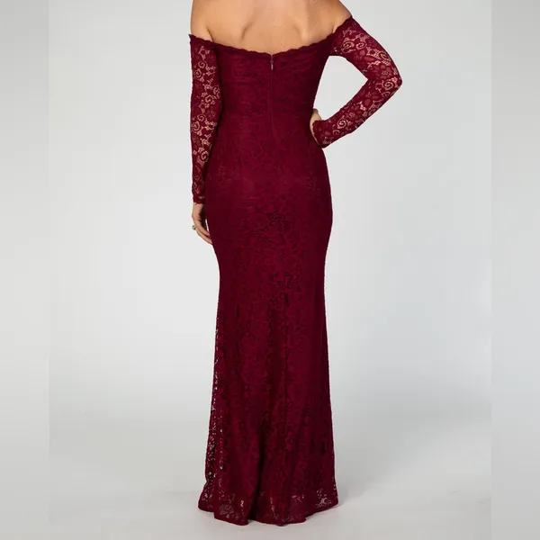 Maniju Burgundy Lace Floral Long Sleeve Off Shoulder Sweetheart‎ Maxi Dress - Image 3