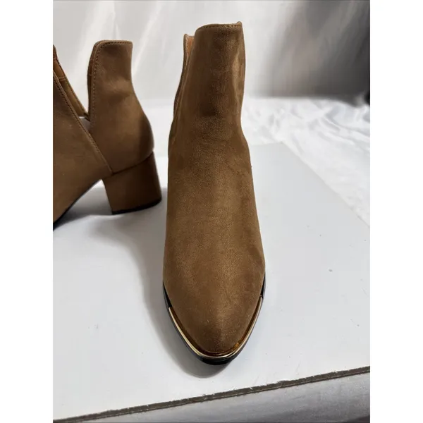 Brown Suede Ankle Boots Womems 5.5M Rubber Sole Dress Shoes Slip On 2” Heel New - Image 2