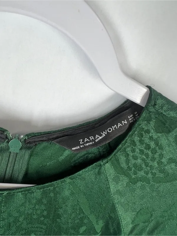 Zara Woman Knotted Jacquard Blouse Bottle Green Tie Front Size M - Image 3