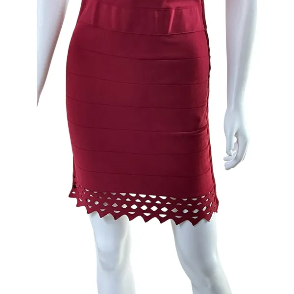 Susana Monaco‎ Burgundy Bandage Strapless Mini Dress Laser Cut Scallop Hem Small - Image 5