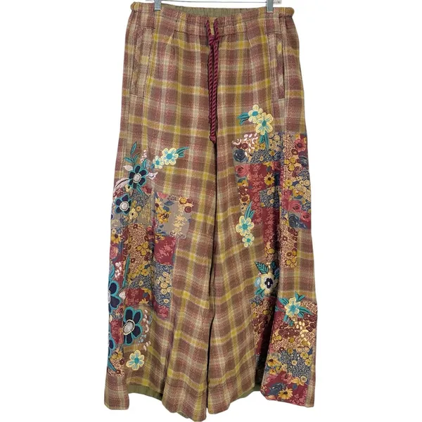 Free People Bohemian Brooks Embroidered Plaid Wide Leg Patchwork Pants Size XL - Image 9