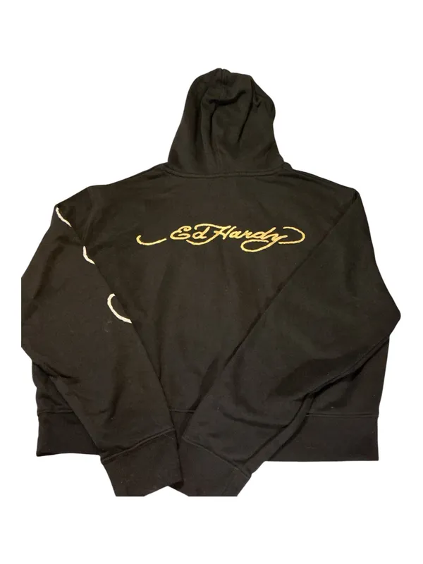 Vintage Ed Hardy Cropped Pullover Hoodie Black XL Dagger Heart Tattoo Y2K - Image 2