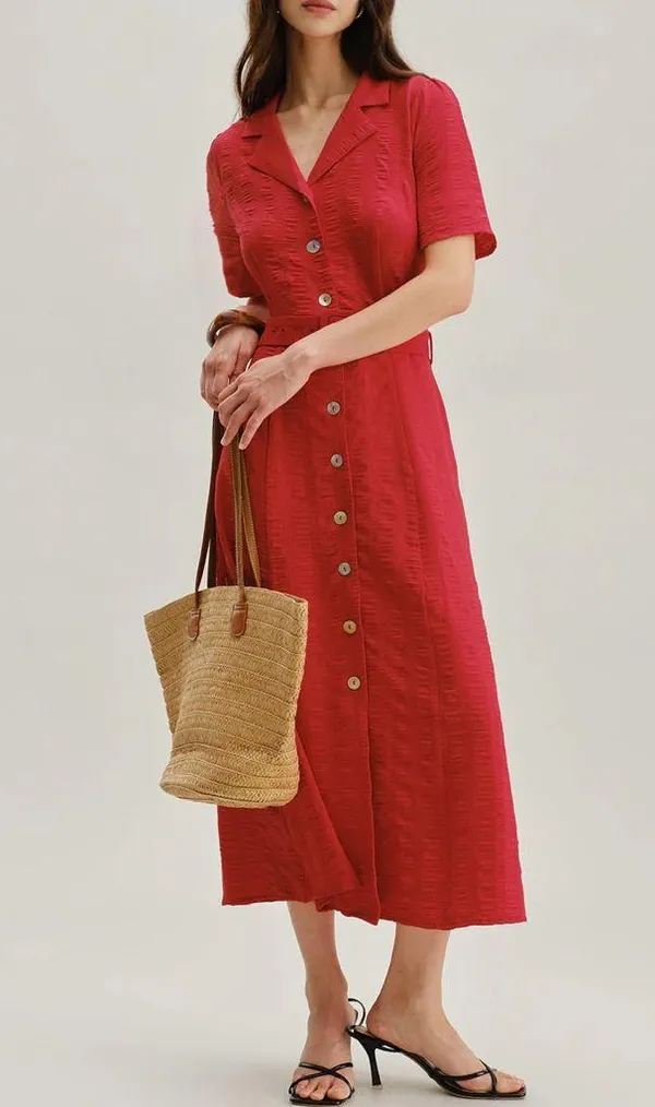 Rihoas Red Belted A-Line Midi Dress - Image 2