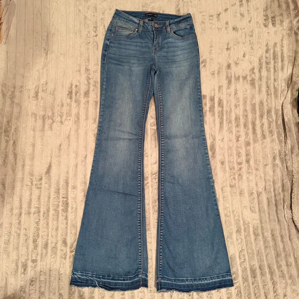 Sincerely Jules‎ Women Medium Wash Raw Hem Flare Jeans Size 1/25 Blue Wide Leg - Image 2