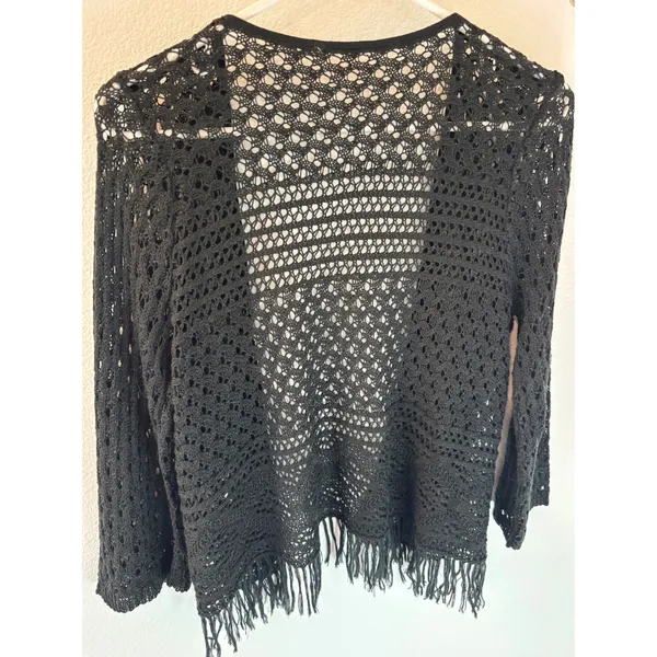 Black‎ Crochet Fringe Cardigan Open Knit Boho Festival Wrap Sweater - Image 4