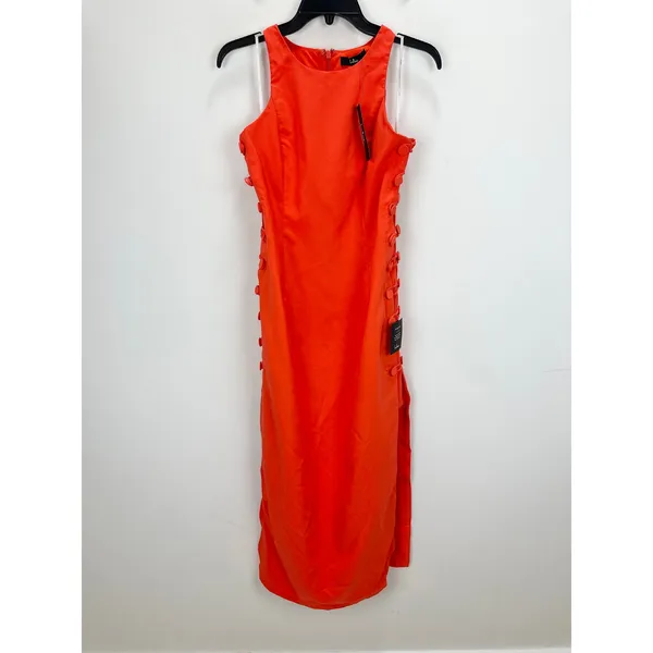 Lulus Masterfully Mod Bright Orange Side Button Midi Dress Cutout Large NWT - Image 5