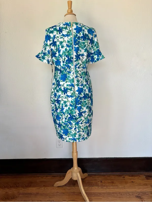 CK Blue Floral Short Sleeve Formal Work Dress - Image 9