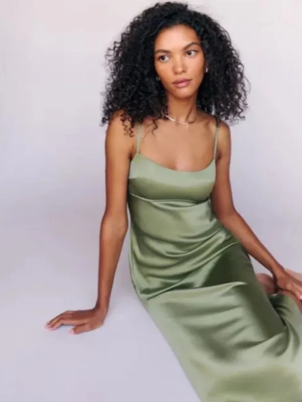 Reformation Kailyn Silk Dress in Artichoke 12 - Image 3