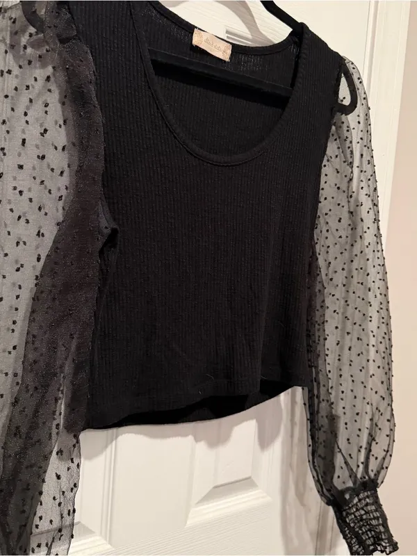 Altar'd State Black Sheer Swiss Dot Puff Sleeve Top Size Large - Image 3