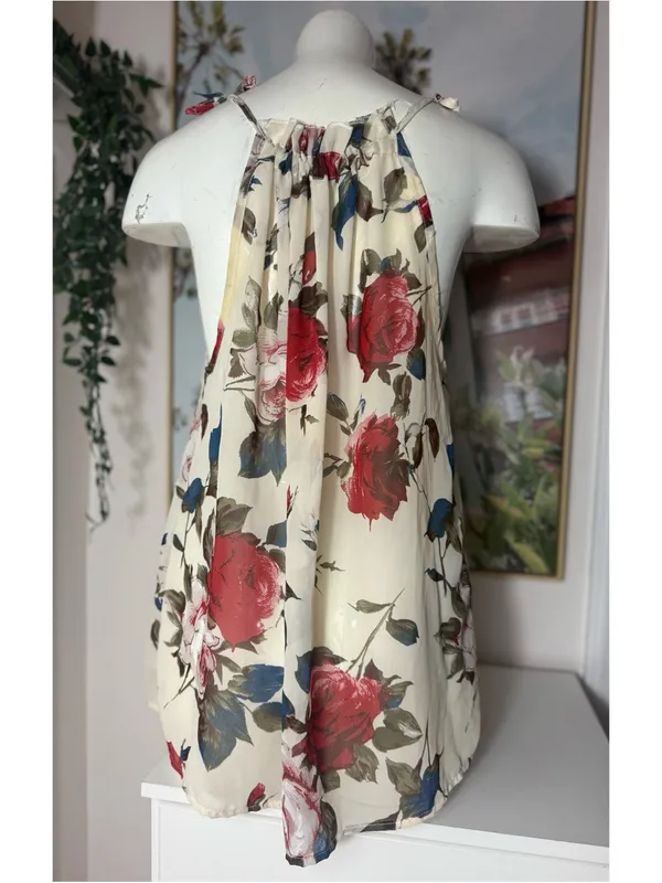 Womens Off White Floral Tank Top Blouse Large Sheer Sleeveless Boho Flow - Image 6