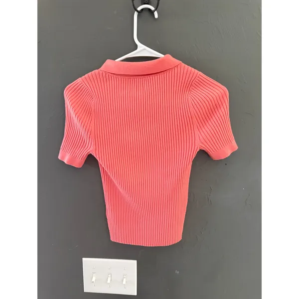 Aerie Women Coral Pink Ribbed Knit Short Sleeve Polo‎ Sweater Size Medium Preppy - Image 4