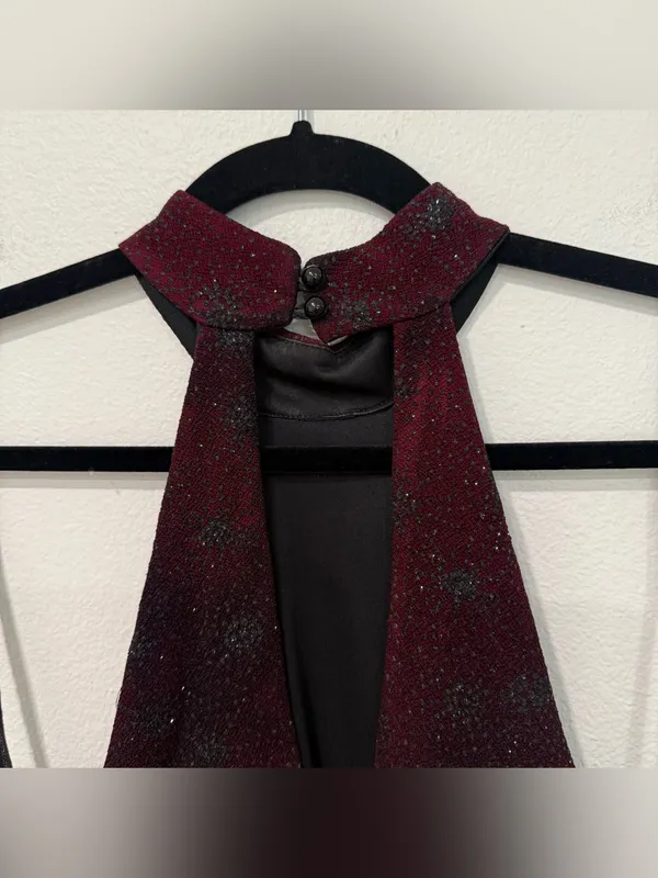 Bari Jay Vintage Sparkly Maroon Beaded Halter Satin Formal Evening Gown 4/6 - Image 7