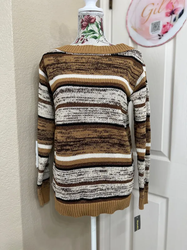 Style & Co. Striped Crewneck Sweater in Mustard, Brown & Cream size XS - Image 2