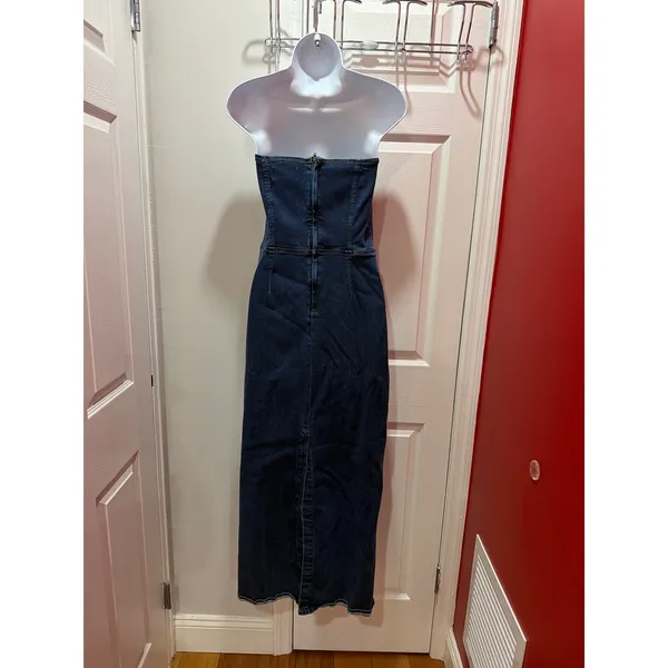 Reformation Eugenia Denim Midi Dress Women‎ Dark Blue Strapless 10 - Image 4