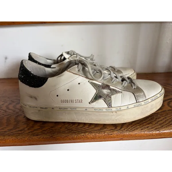 Golden Goose‎ Hi Star White Leather Camo Star Glitter Platform Sneakers 40 - Image 4