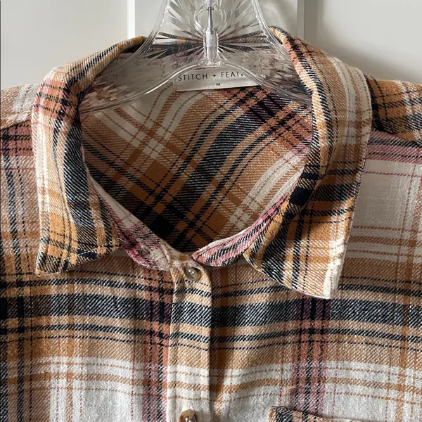 Stitch&Feather Oversized Fall Cozy Plaid Flannel Button Down Shirt Mustard/Red M - Image 2