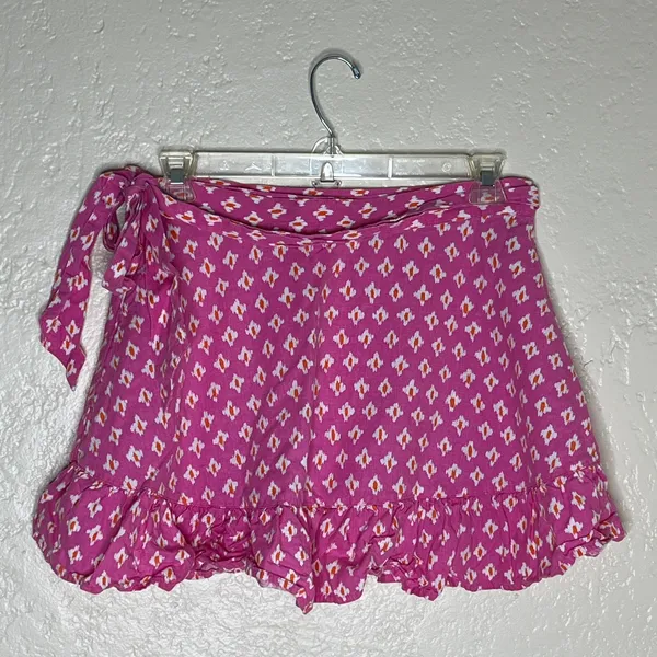 Aerie Women's Lip Gloss Pink Ikat Print Ruffle Wrap Mini Skirt‎ Linen Size Large - Image 3