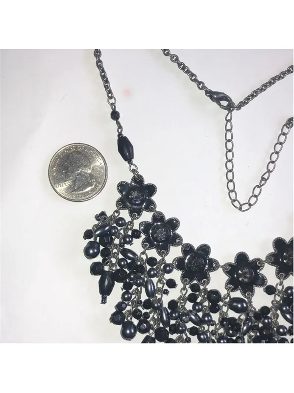 Gunmetal Gray Dark Black Metal Floral Beaded Boho Statement Necklace - Image 2
