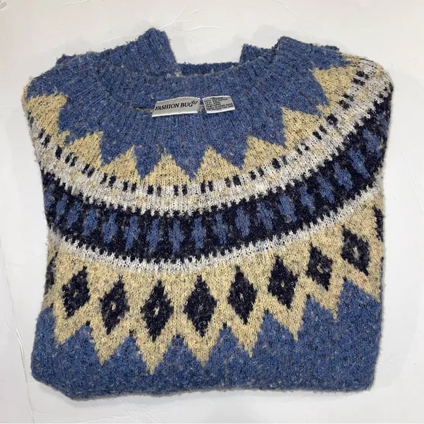 Cute y2k soft wool blend faire isle cozy sweater boucle blue - Image 6
