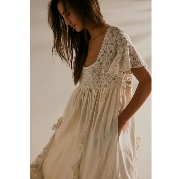 Free People Ethereal Bohemian Bring The Romance Midi Maxi Dress Neutral Medium - Image 8