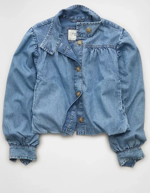 American Eagle Cropped Denim Jacket Women’s Medium Blue Puff Sleeve Button Front NWT - Image 4