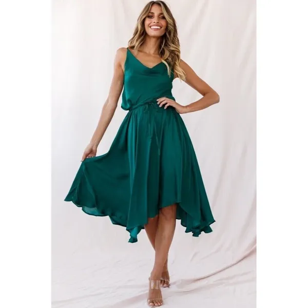 Selfie Leslie Forest Green Ava Cowl Neck Satin Drawstring Midi Dress Size XS‎ - Image 2