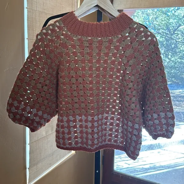 Handmade Rust Orange Tan Open Knit Crochet Sweater Large Boho Oversized Pullover - Image 6