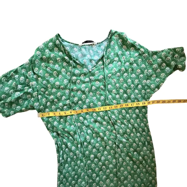 Zara Green Block Print Floral Hem Midi Dress XS Boho Prairie Cottage Relaxed - Image 12