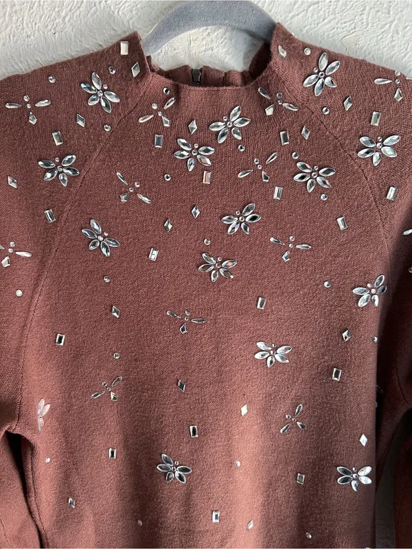 Anthropologie Sweater Dress ChocolateBrown Crystal Mock Neck Balloon Small - Image 2