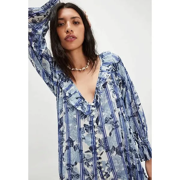 Free People Dainty Ruffle Cottage Garden Wonders Maxi Dress in Blue Combo Small - Image 5
