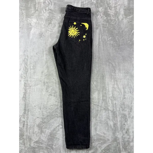 Womens M Graphic Yellow Sun Moon Stars Denim Black Straight Jeans Boho - Image 8