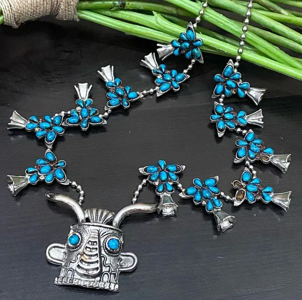 Vintage Kachina Mask Faux Turquoise Southwestern Style Squash Blossom Necklace - Image 5